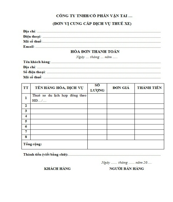 Mẫu hóa đơn cho thuê xe