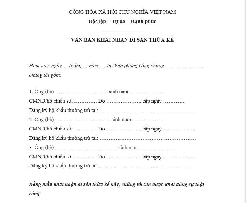 Hồ sơ phân chia di sản thừa kế hợp pháp